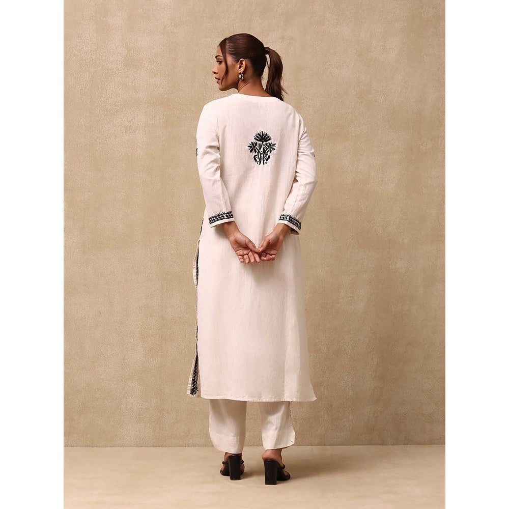 House of Chikankari Women's Off White Cotton Linen Blend Chikankari Kurta and Pant (Set of 2)