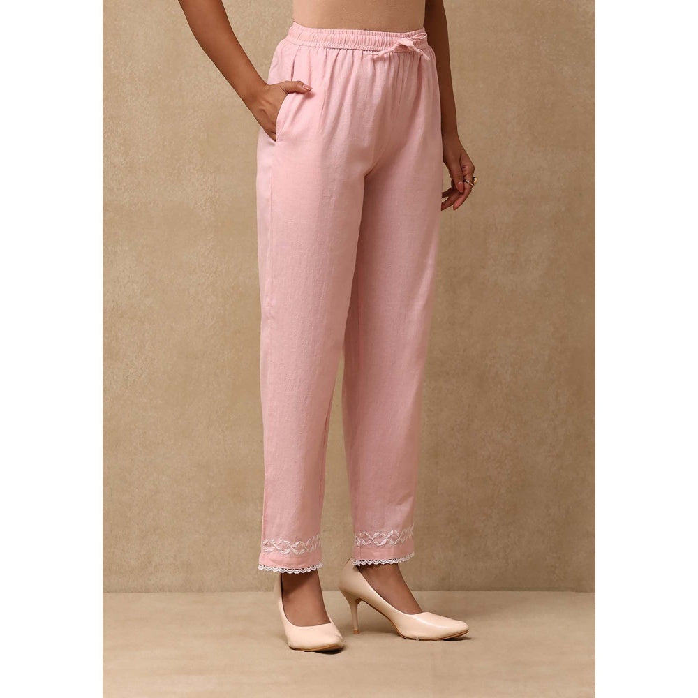 House of Chikankari Women's Pink Cotton Linen Blend Chikankari Kurta and Pant (Set of 2)