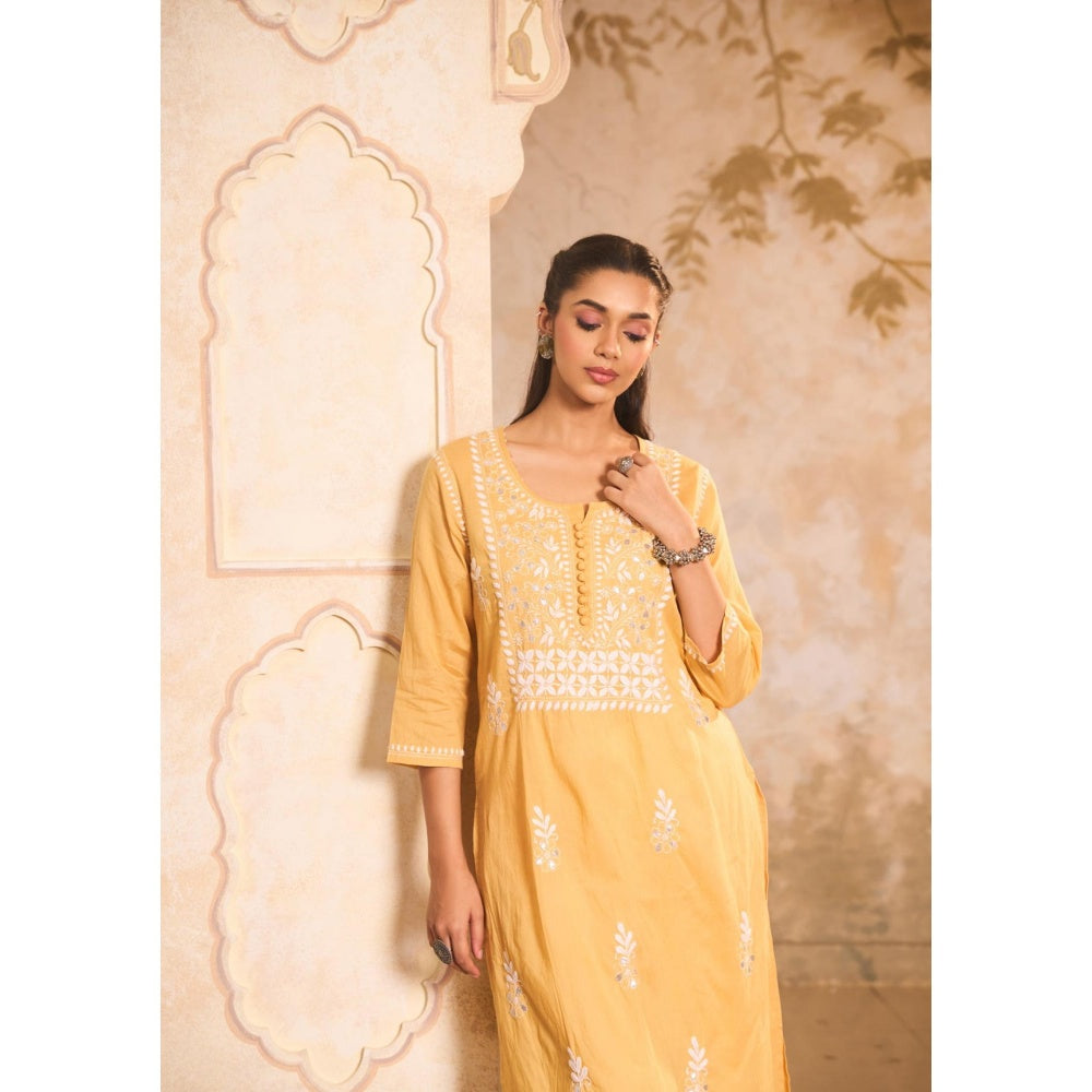 House of Chikankari Cotton Chikankari Gota Work Womens Long Kurta -Yellow