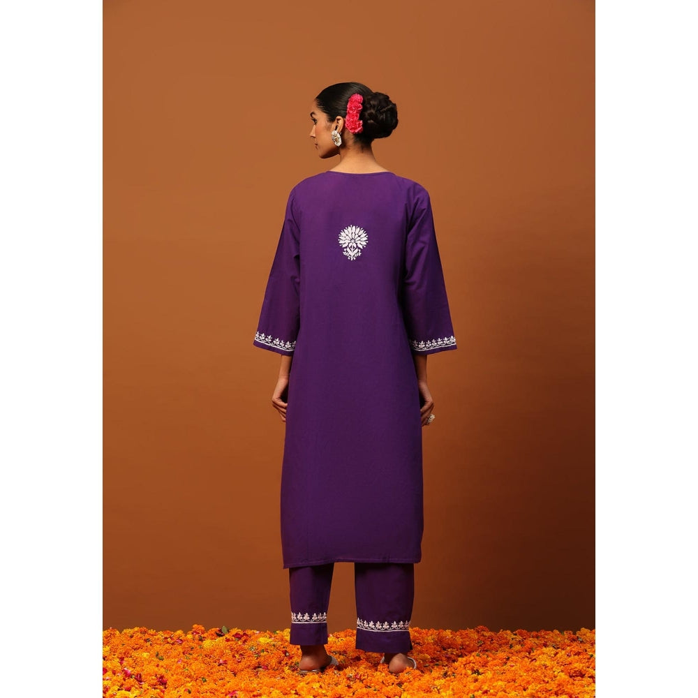 House of Chikankari Cotton Chikankari Womens Long Kurta with Pant-Purple