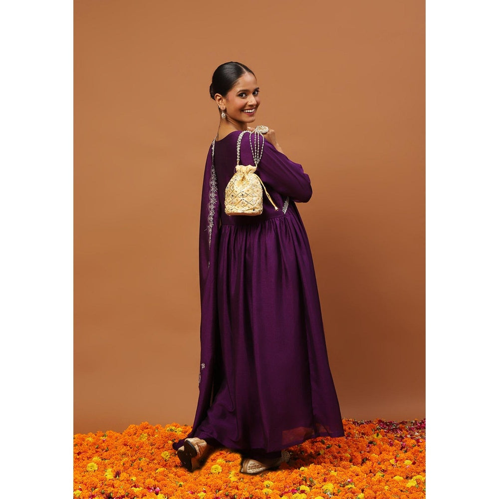 House of Chikankari Silk Blend A-Line Anarkali Kurta with Pant and Dupatta-Purple