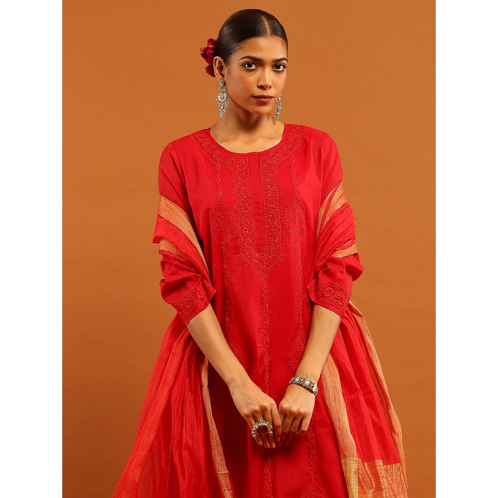 House of Chikankari Red Chanderi Chikankari Mukaish Kurta with Inner, Pant and Dupatta