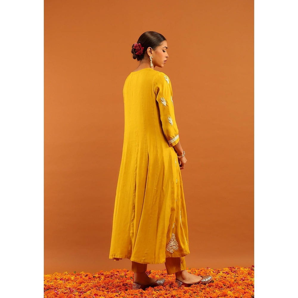 House of Chikankari Yellow Chanderi Chikankari Women's Anarkali with Pant and Dupatta