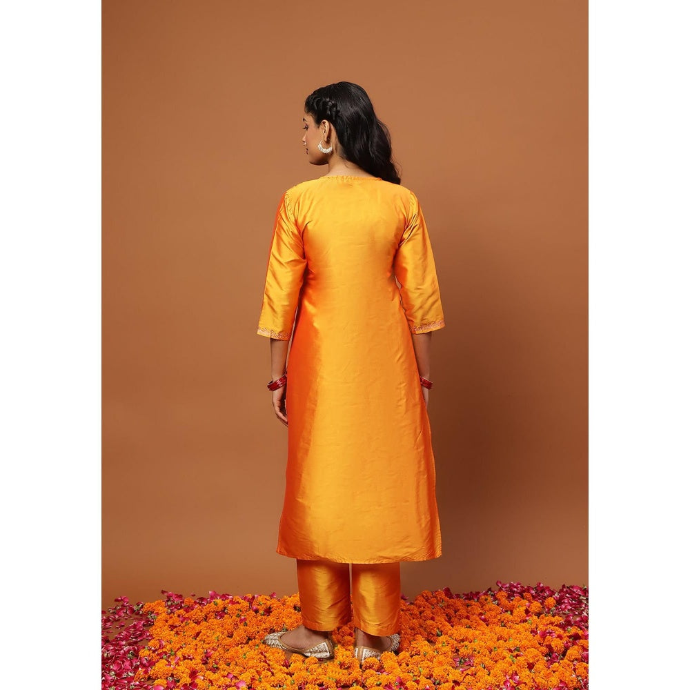 House of Chikankari Mustard Art Silk Embroidered Zari Work Women's Kurta with Pant