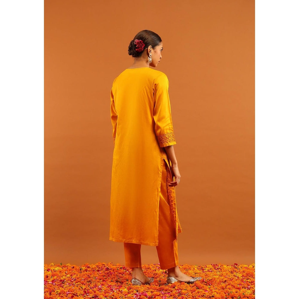 House of Chikankari Mustard Jaam Silk Chikankari Women's Long Kurta with Pant