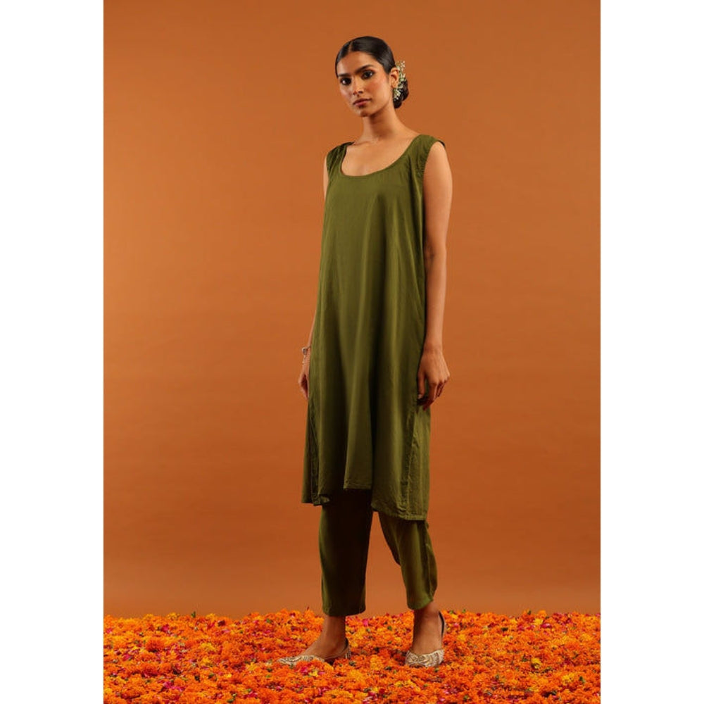 House of Chikankari Women's Olive Silk Chikankari Kurta and Salwar with Dupatta