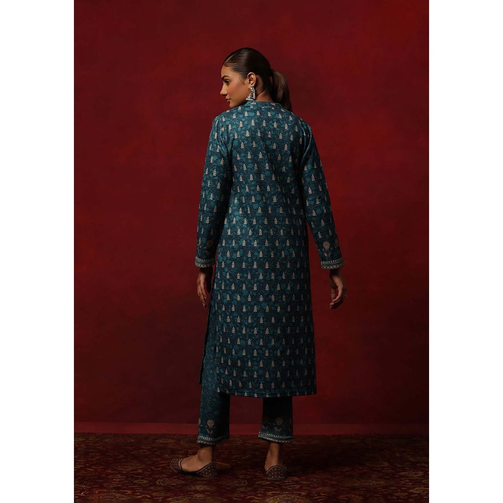 House of Chikankari Teal Woollen Printed Women's Kurta With Pant And Dupatta