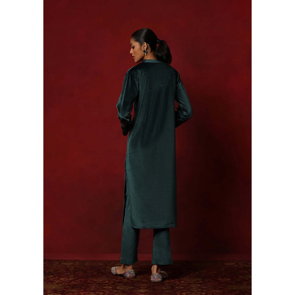 House of Chikankari Teal Velvet Embroidered Women's Kurta With Pant And Dupatta