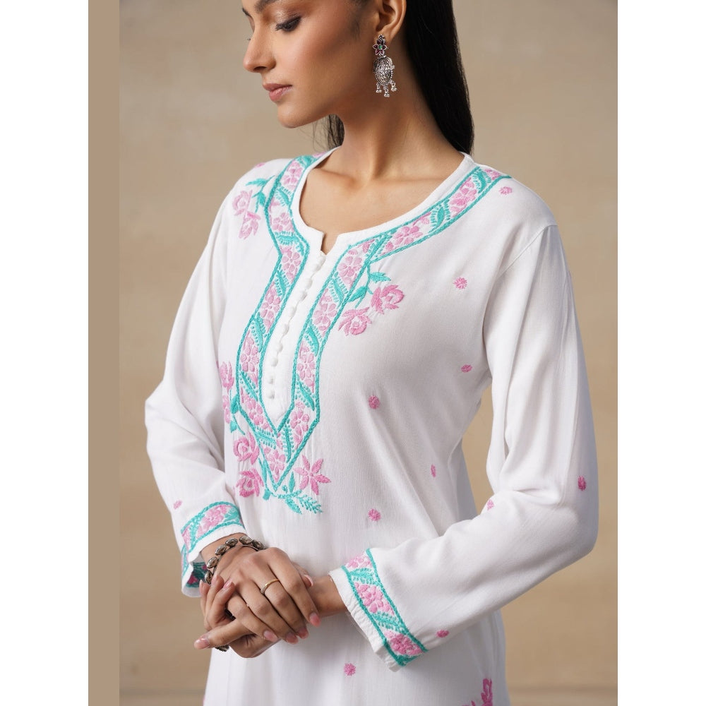 House of Chikankari White Rayon Chikankari Long Kurta with Pant