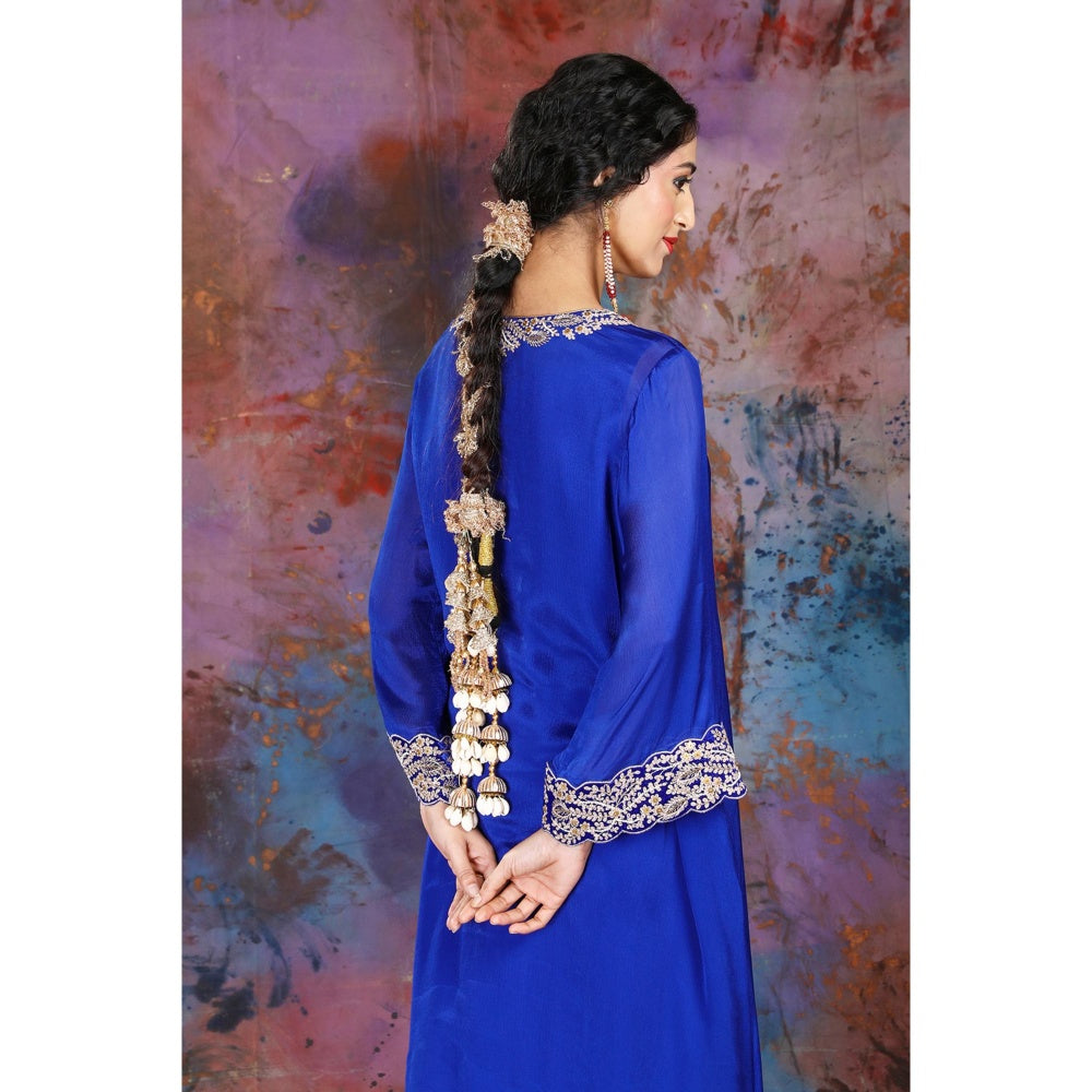 House of Supriya A-Line Asymmetrical Blue Kurta With Palazzo and Slip (Set of 3)