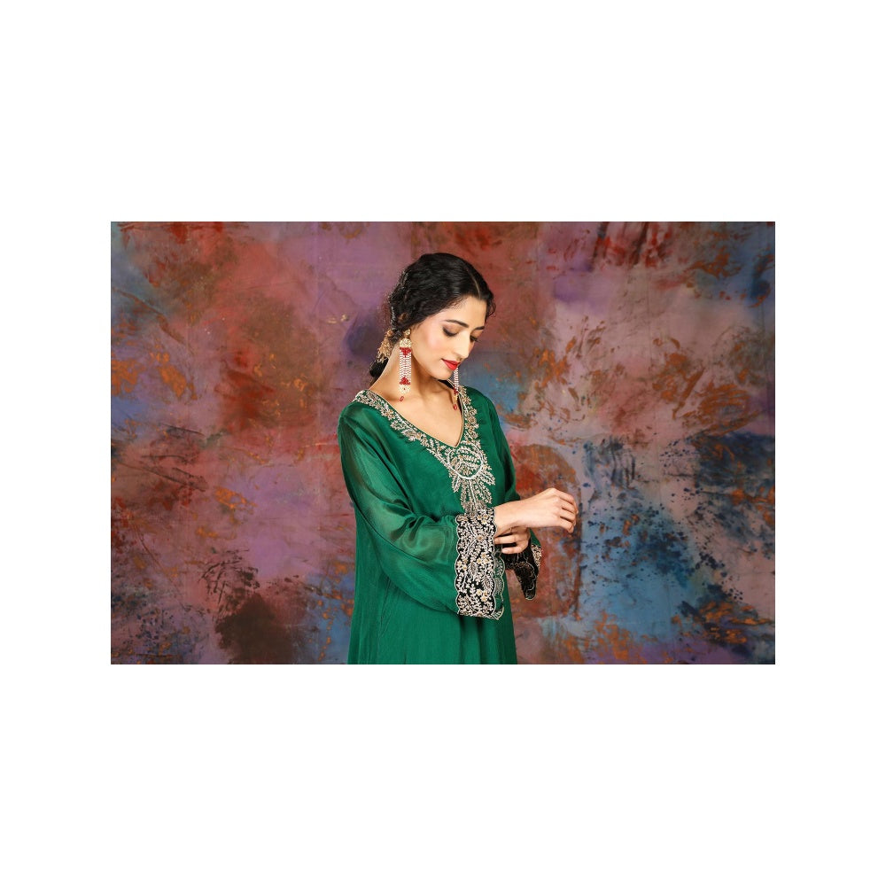 House of Supriya A-Line Asymmetrical Green Kurta With Palazzo and Slip (Set of 3)