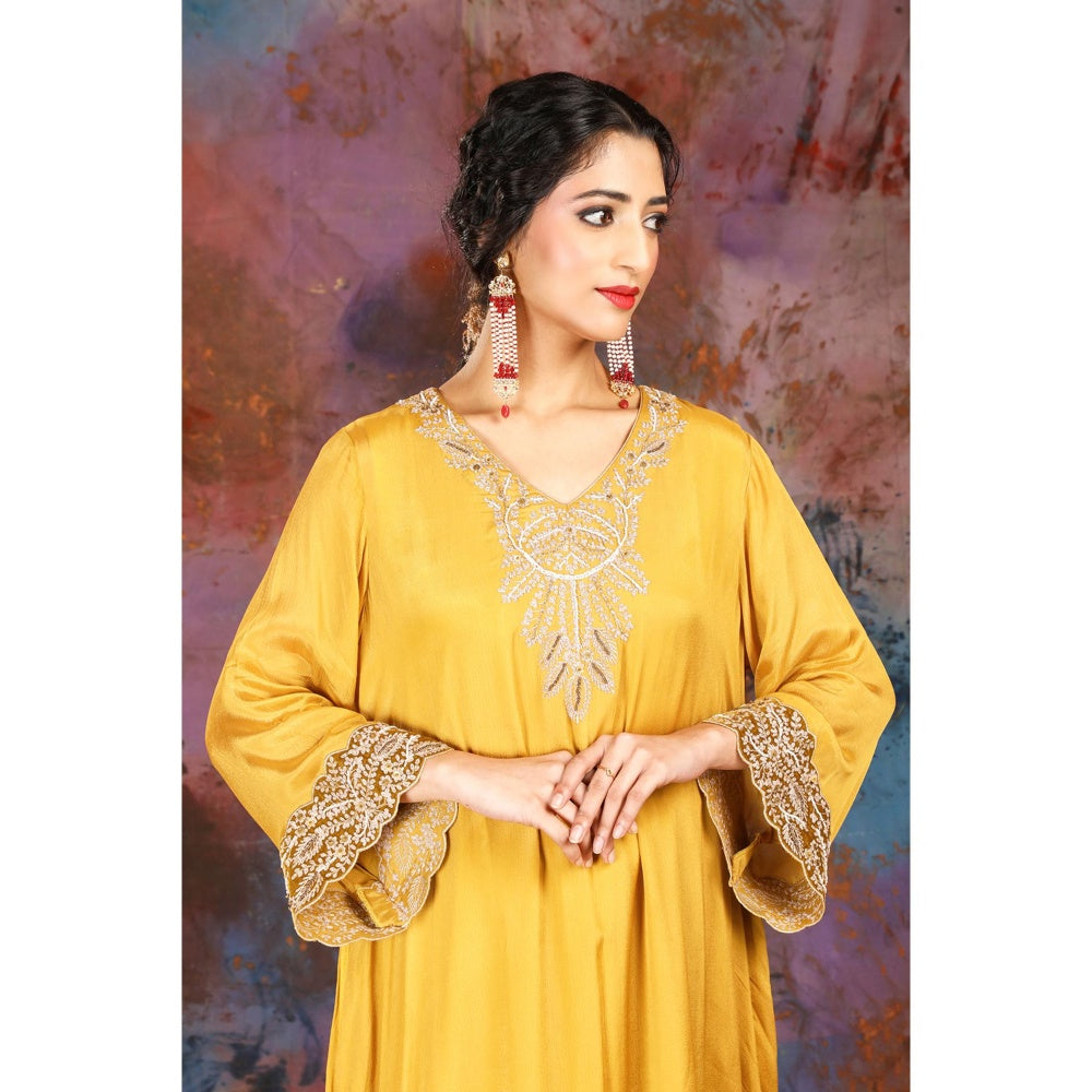 House of Supriya A-Line Asymmetrical Yellow Kurta With Palazzo and Slip (Set of 3)