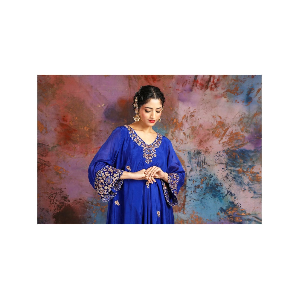 House of Supriya Asymmetrical Blue Kurta With Embroidery With Sharara and Slip (Set of 3)