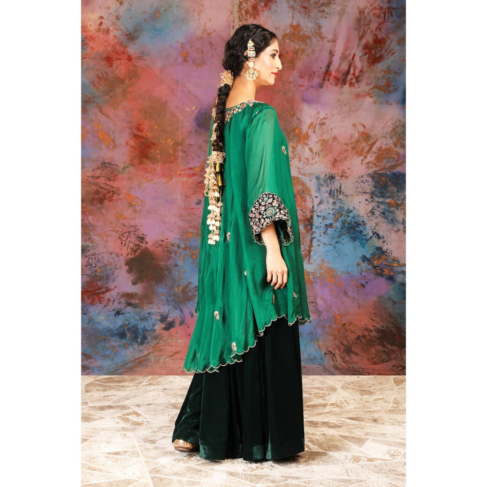 House of Supriya Asymmetrical Green Kurta With Embroidery With Sharara and Slip (Set of 3)