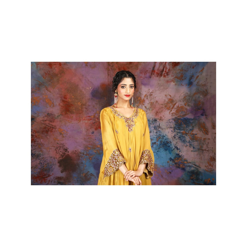 House of Supriya Asymmetrical Yellow Kurta With Embroidery With Sharara and Slip (Set of 3)