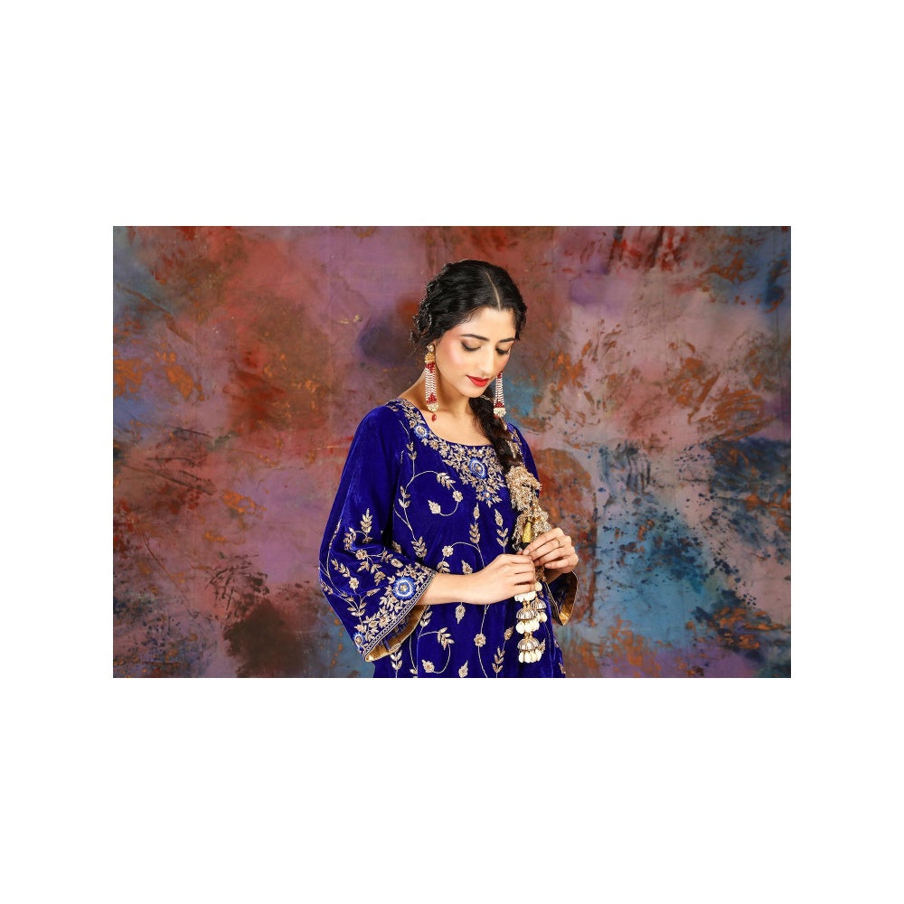 House of Supriya Full Jaal Embroidered Blue Kurti Paired With Palazzo (Set of 2)