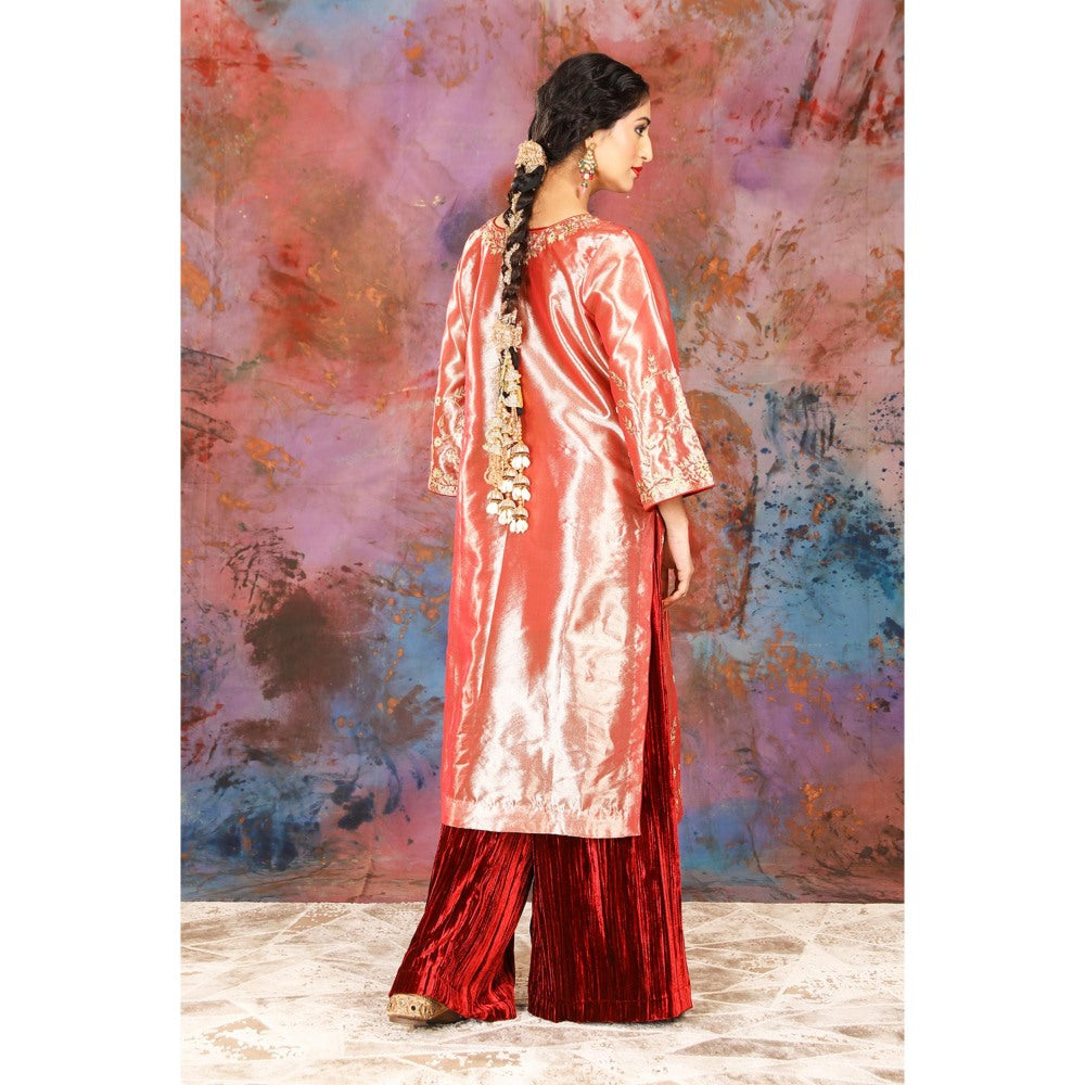House of Supriya Tissue Coral Kurta With Embroidery Detailing With Palazzo and Slip (Set of 3)