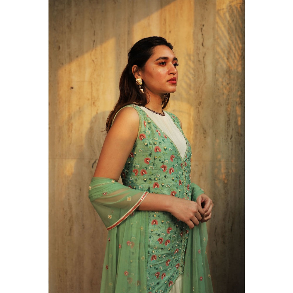 House of Kosh Ivory Flare Kurta with Palazzo-Dupatta and Green Embroidered Jacket (Set of 4)