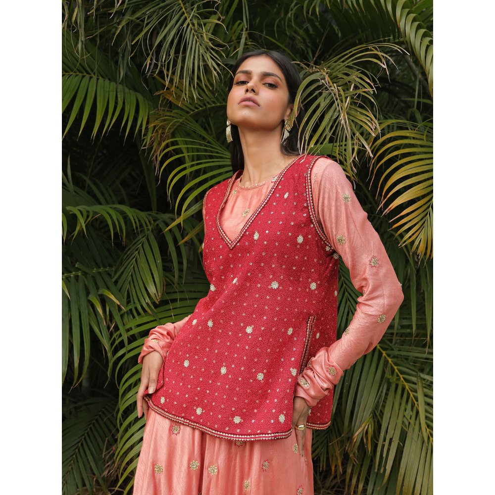 House of Kosh Blush Pink Embroidered Anarkali Kurta with Top and Palazzo (Set of 3)
