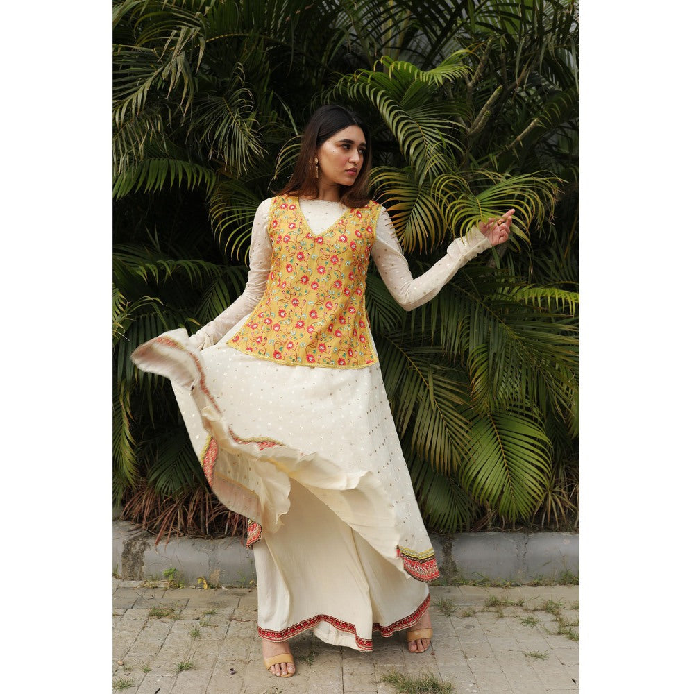 House of Kosh Ivory Embroidered Anarkali Kurta with Top and Palazzo (Set of 3)