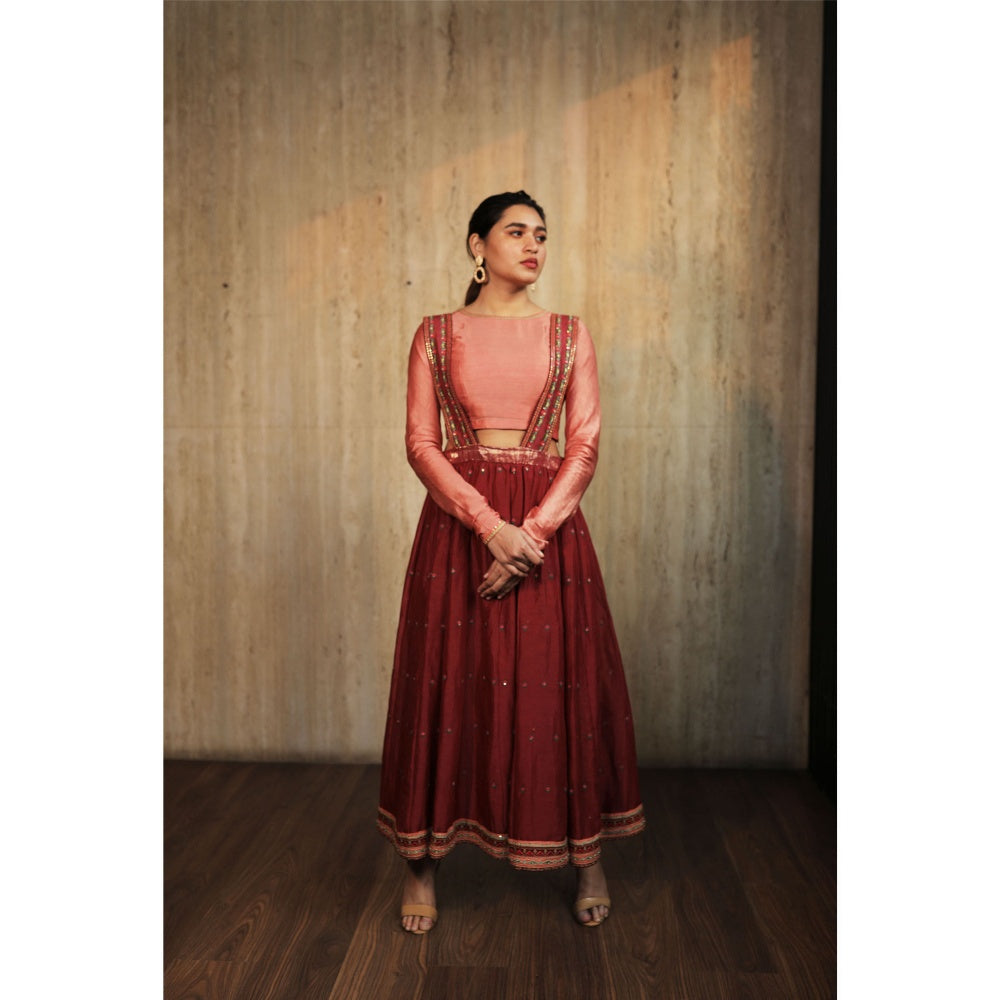 House of Kosh Maroon Embroidered Suspender Skirt with Churidar and Crop Top (Set of 3)