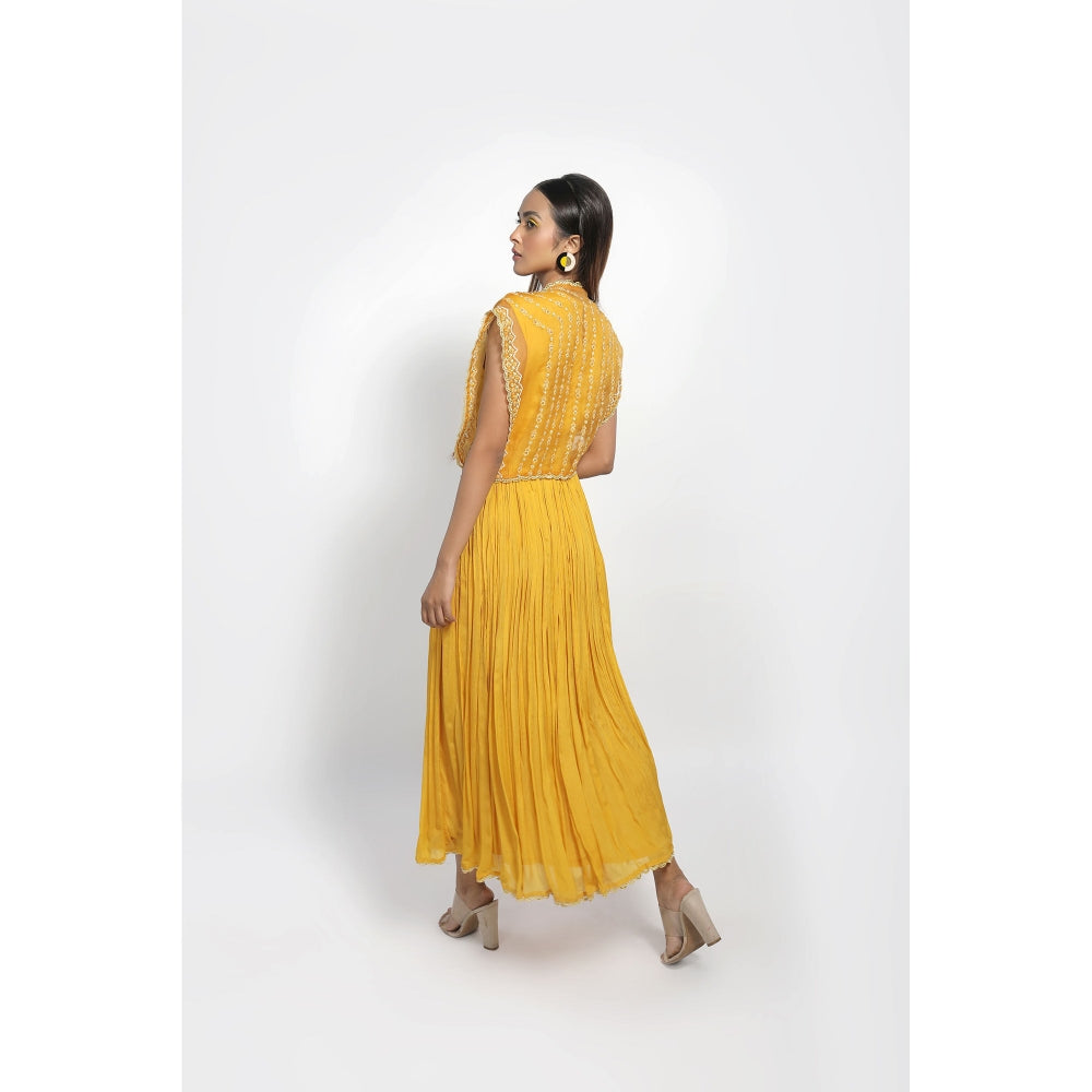 House of Kosh Yellow V-Neck Embroidered Anarkali Kurta with Organza Jacket (Set of 2)