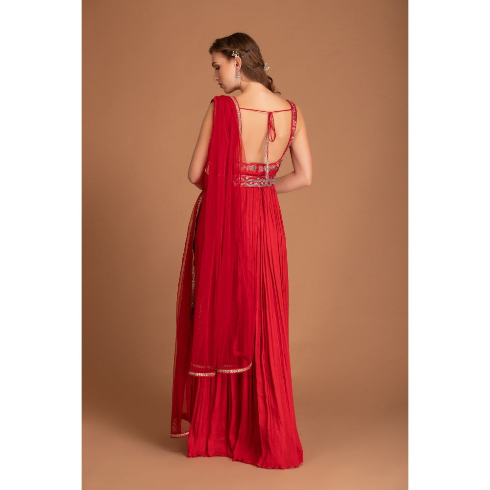 House of Tushaom Red Anarkali with Sperate Belt and Dupatta (Set of 3)