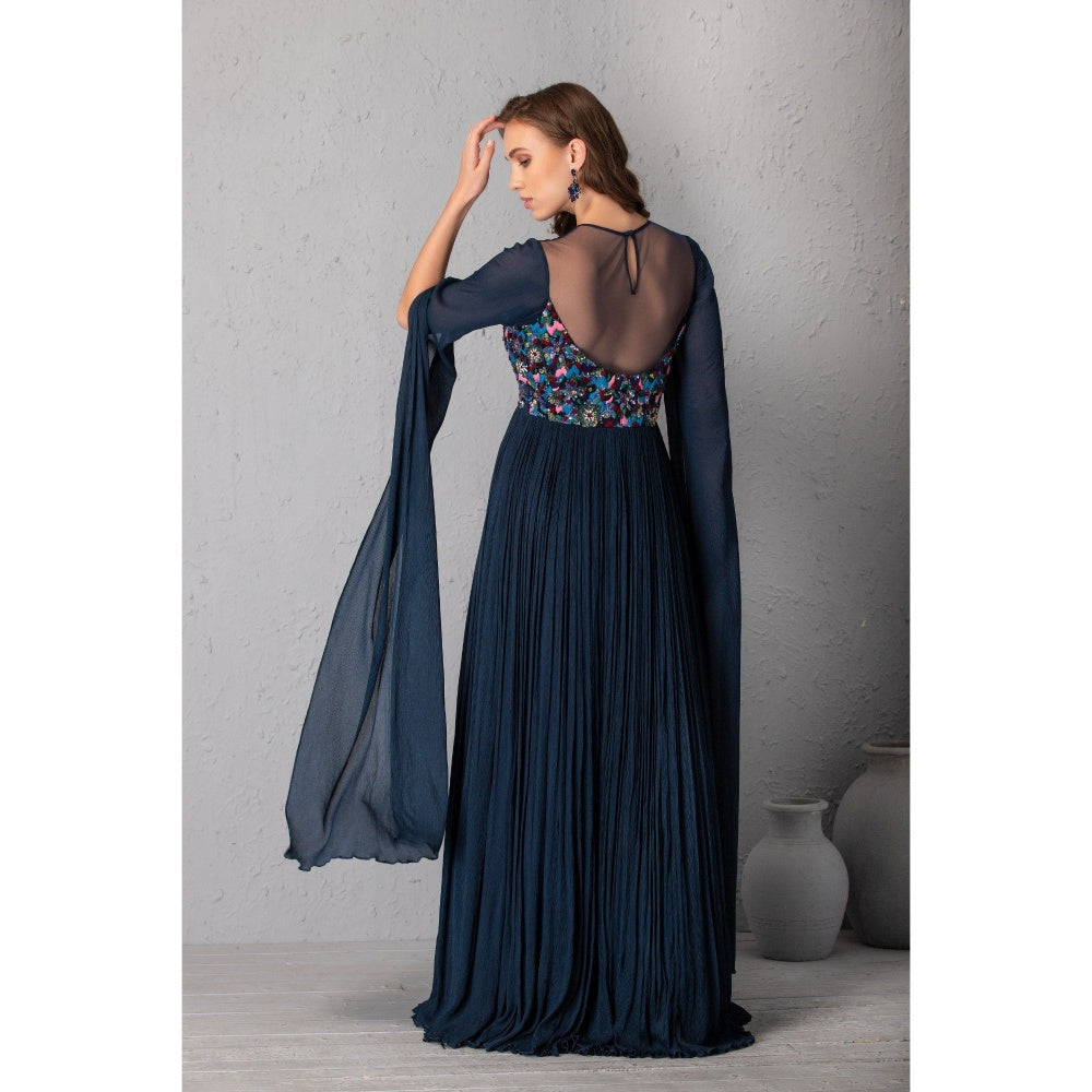 House of Tushaom Hand Embroidered Midnight Blue Gown