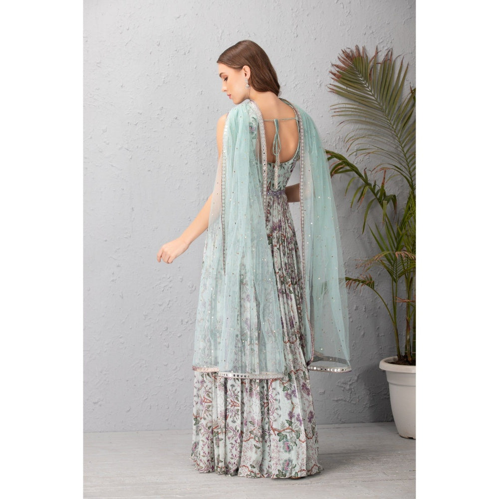 House of Tushaom Floral Ice Blue Anarkali with Mukaish Net Dupatta (Set of 2)