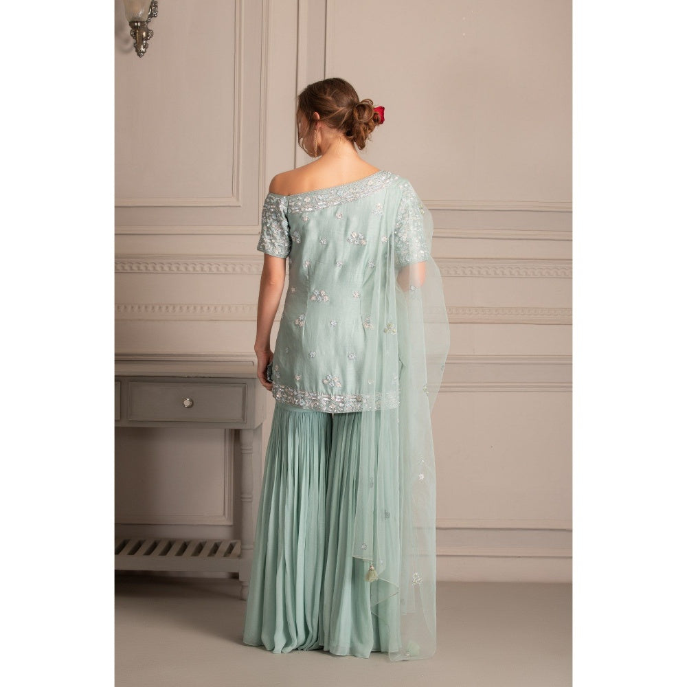 House of Tushaom Ice Blue Sharara with One Shoulder Kurta and Dupatta (Set of 3)