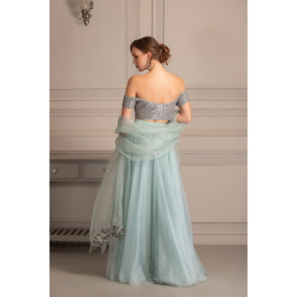 House of Tushaom Blue Lehenga with Mirror Work Blouse and Dupatta (Set of 3)