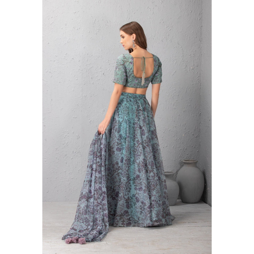 House of Tushaom Mineral Blue Floral Lehenga with Blouse (Set of 3)