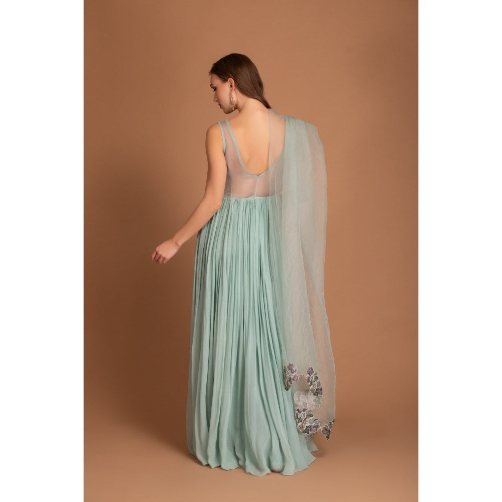 House of Tushaom Blue Ruching Detail Anarkali with Dupatta (Set of 2)