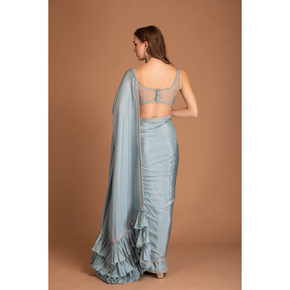 House of Tushaom Blue Ruffle Saree with Stitched Blouse