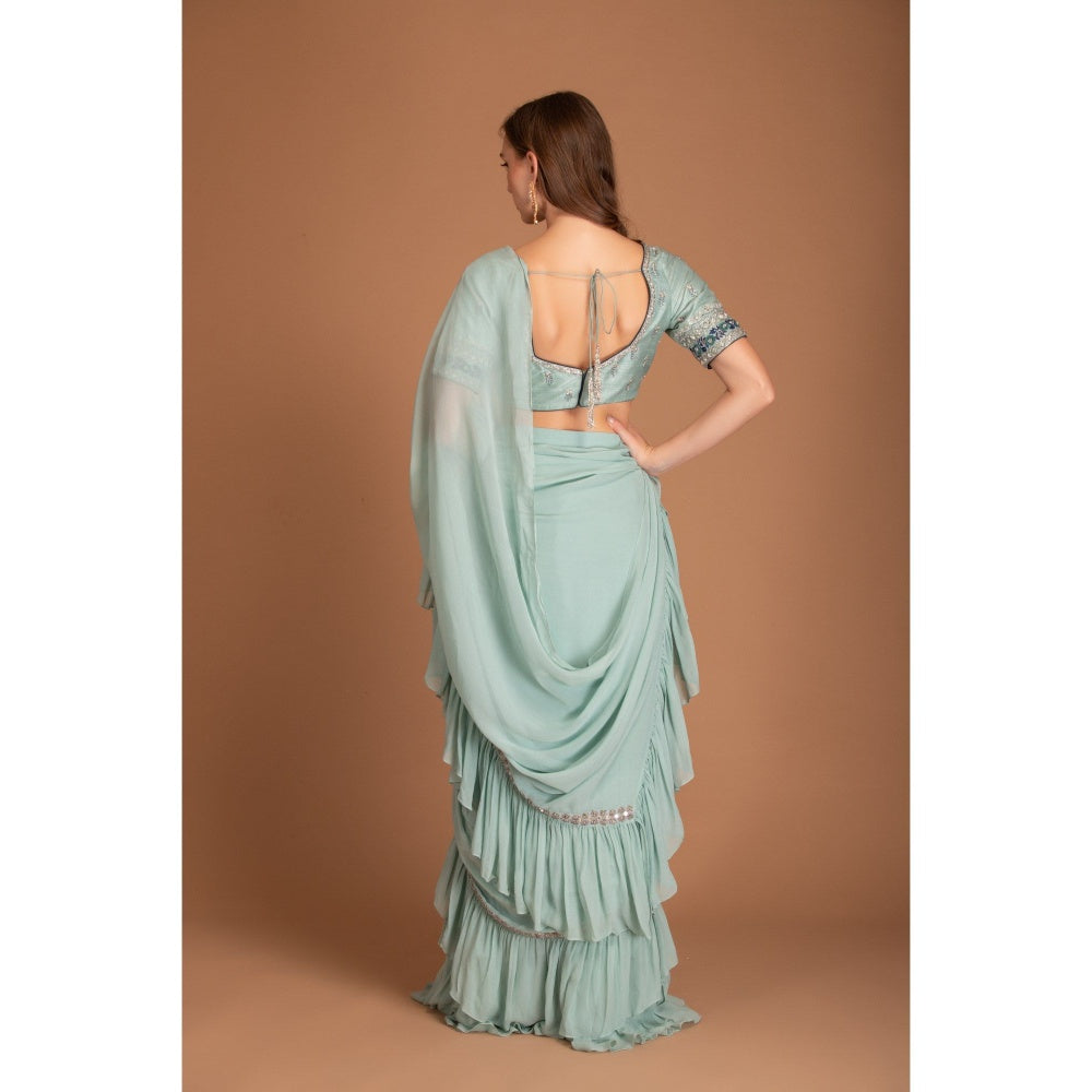House of Tushaom Blue Ruffle Pre Draped Saree with Stitched Blouse