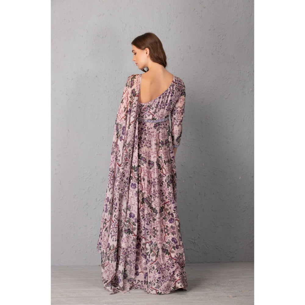 House of Tushaom Mauve Floral Printed Gown with Attached Dupatta
