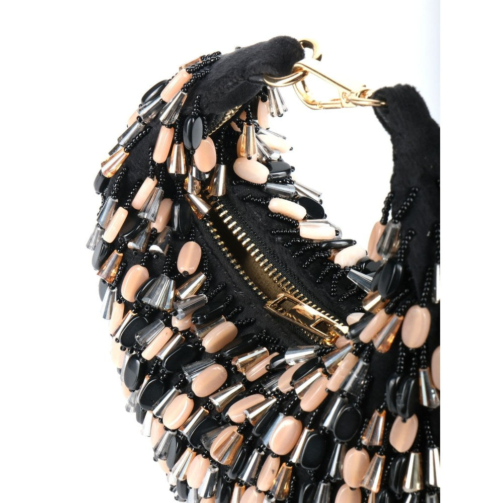 House Of Kosha Elly Black Suede Embellished Hobo Bag