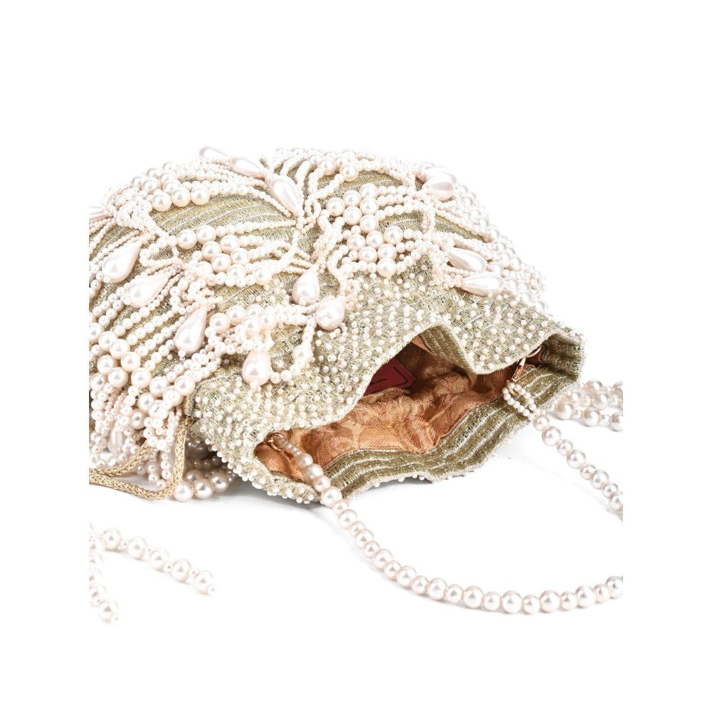 House Of Kosha Farah Gold Suede Pearl Potli Bag