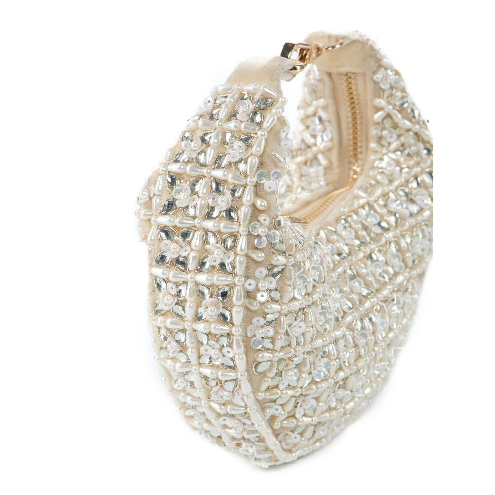 House Of Kosha Fiza Off White Suede Embelished Hobo Bag