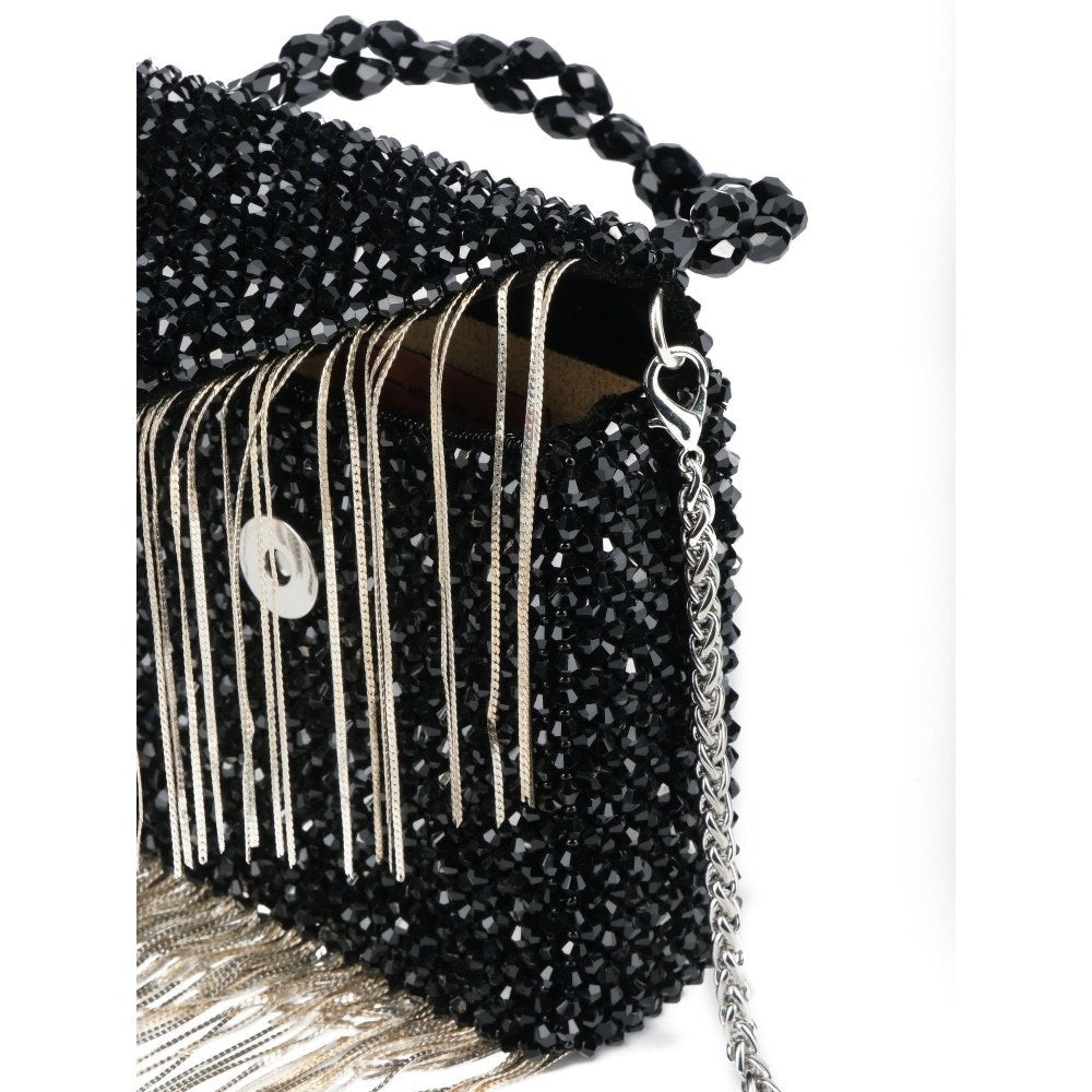 House Of Kosha Natali Black Embellished with Silver Chain Mini Handbag