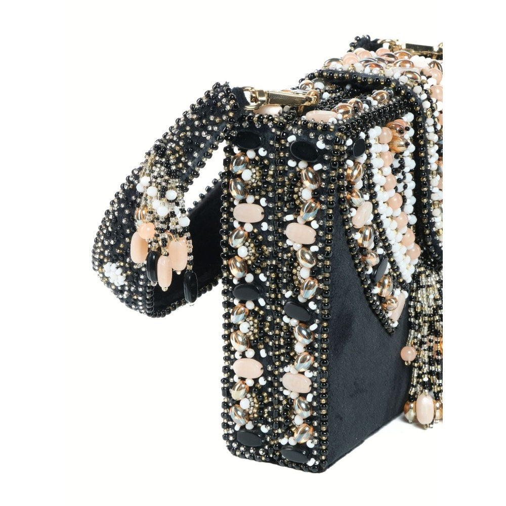 House Of Kosha Sara Black Suede Embellished Box Clutch