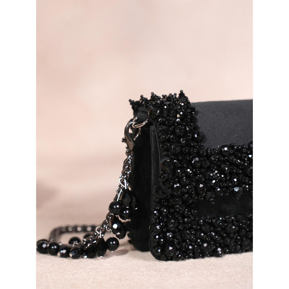 House Of Kosha Elana Black Suede Crystal Embellished Clutch with Detachable Sling Chain