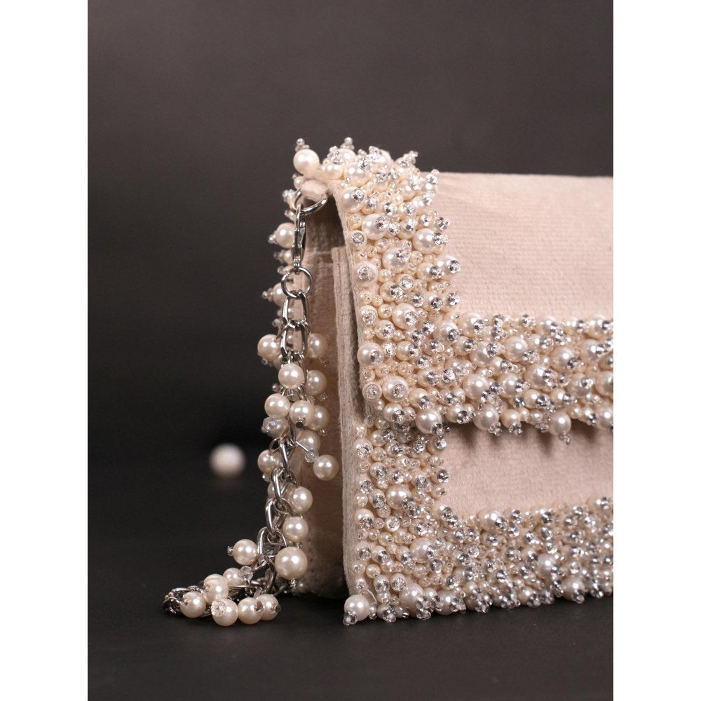 House Of Kosha Aliya Ivory Suede Pearl Embellished Clutch with Detachable Sling Chain
