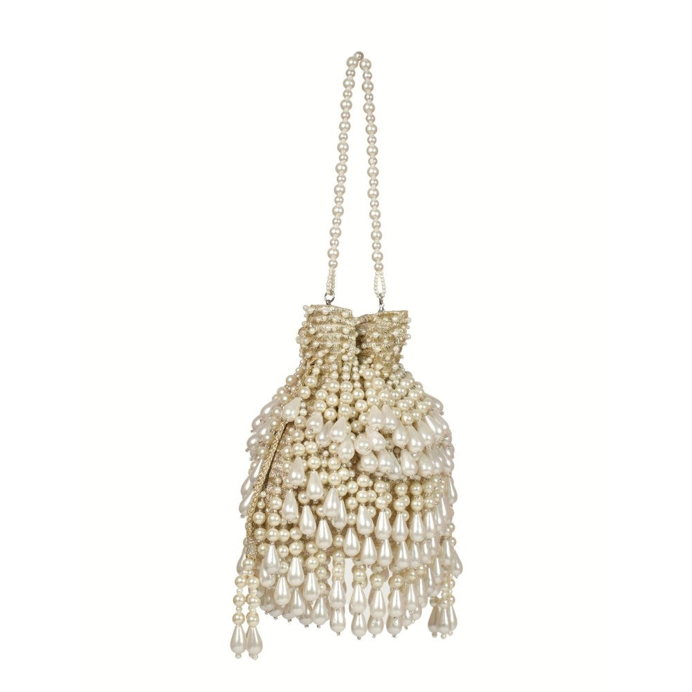 House Of Kosha Zarah Gold Pearl Georgette Embellished Potli with Detachable Sling Chain