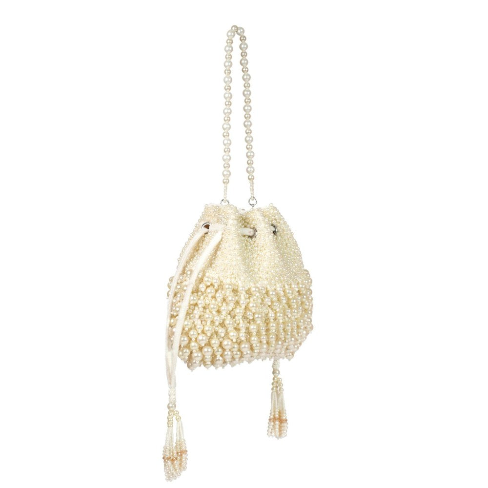 House Of Kosha Zeba Ivory Suede Pearl Embellished Potli with Detachable Sling Chain