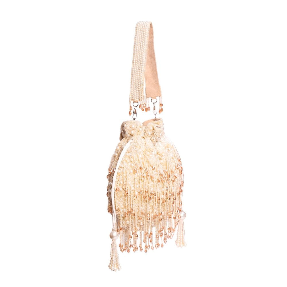 House Of Kosha Nayera Ivory Suede Pearl Potli with Detachable Strap