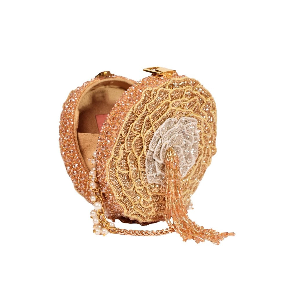House Of Kosha Ella Gold Suede Embellished Clutch with Detachable Sling Chain