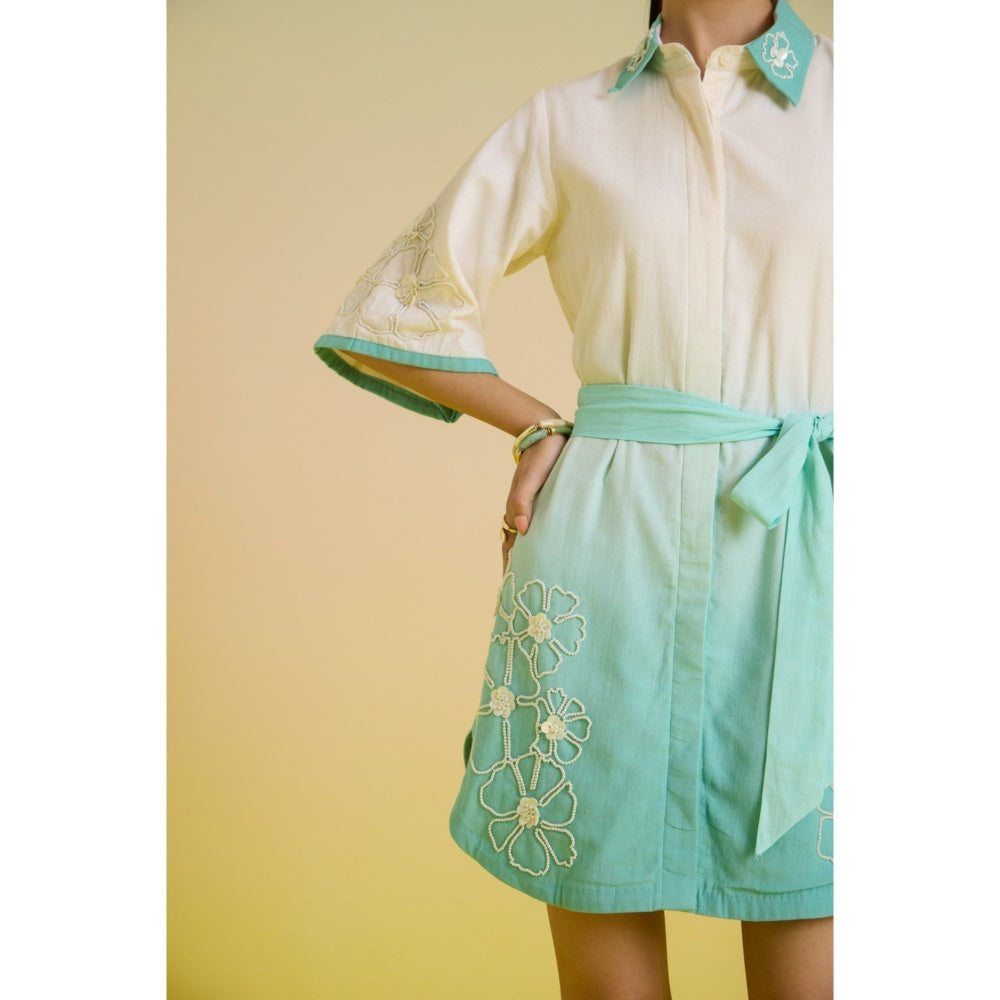 HOUSE OF HEATHER Blue Mint Ombre Shirt Mini Dress with Belt