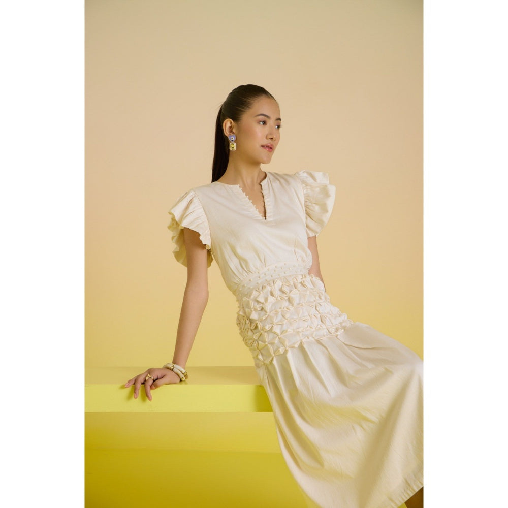 HOUSE OF HEATHER Off White Vanilla Smocked Pearl Midi Dress