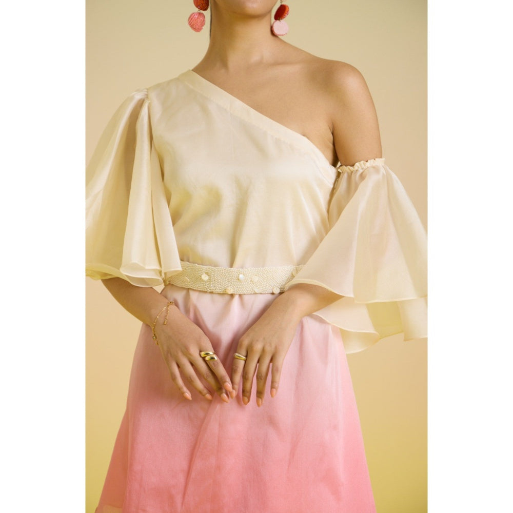 HOUSE OF HEATHER Ivory Gelato Ombre One Shoulder Mini Dress with Belt